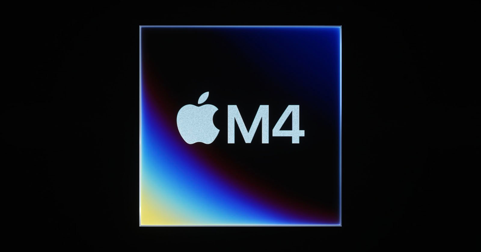Logo featuring an apple icon with the text m4 on a gradient blue background, framed within a white square against a dark setting.